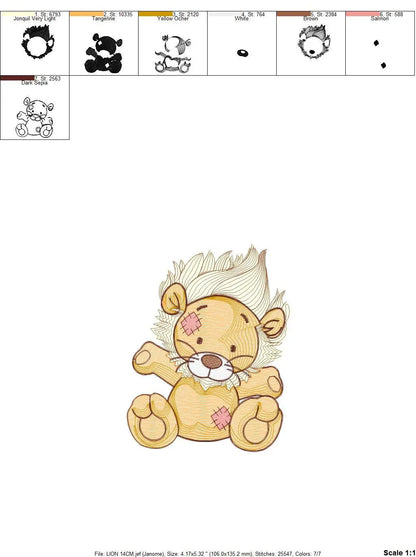 Patched Teddy Lion embroidery designs - Ragged Safari wild animal machine embroidery pattern - Baby boy file - Instant download pes jef dst Marcia Embroidery
