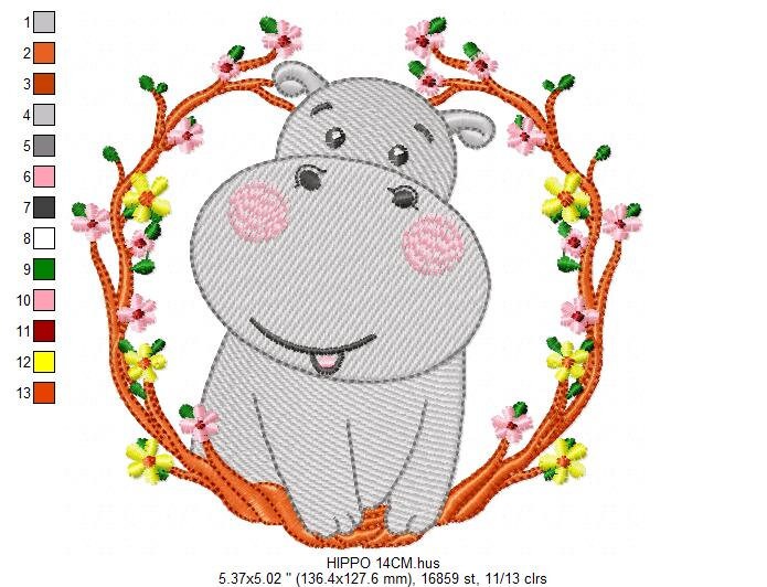 Hippo with frame embroidery designs - Safari animal embroidery design machine embroidery pattern - Animal embroidery file - instant download
