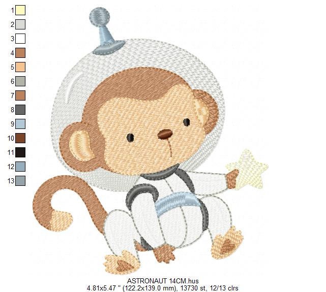Monkey Astronaut embroidery designs - Baby boy embroidery design machine embroidery pattern - instant download  Space embroidery file Planet