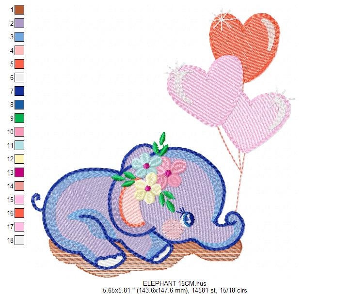 Elephant embroidery designs - Animal embroidery design machine embroidery pattern - Baby girl embroidery file - elephant with balloons sky