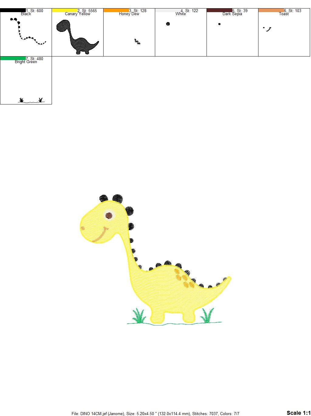 Dinosaur embroidery designs - Yellow Dino machine embroidery pattern - Baby Boy Brontosaurus file - Instant digital download pes jef dst hus