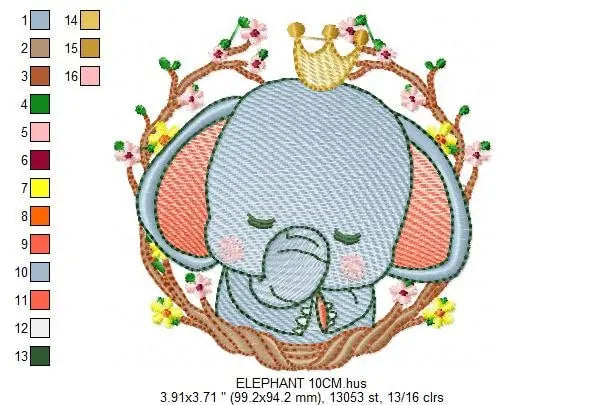 Sleeping Elephant embroidery designs - Wild Animal with crown and frame embroidery design machine embroidery pattern - instant download pes Marcia Embroidery