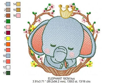 Sleeping Elephant embroidery designs - Wild Animal with crown and frame embroidery design machine embroidery pattern - instant download pes Marcia Embroidery