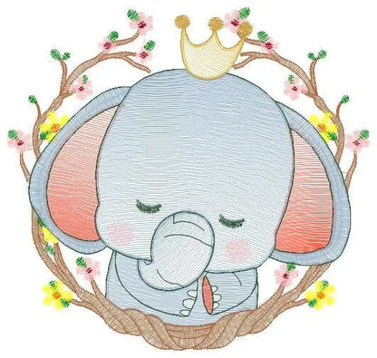 Sleeping Elephant embroidery designs - Wild Animal with crown and frame embroidery design machine embroidery pattern - instant download pes Marcia Embroidery