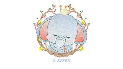 Sleeping Elephant embroidery designs - Wild Animal with crown and frame embroidery design machine embroidery pattern - instant download pes Marcia Embroidery