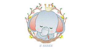 Sleeping Elephant embroidery designs - Wild Animal with crown and frame embroidery design machine embroidery pattern - instant download pes