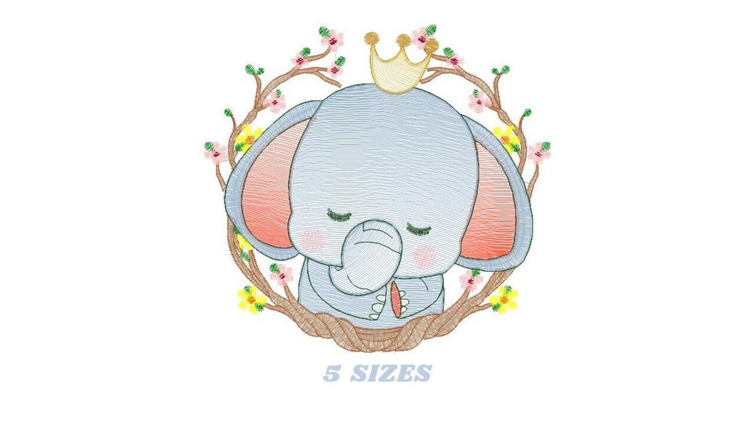 Sleeping Elephant embroidery designs - Wild Animal with crown and frame embroidery design machine embroidery pattern - instant download pes