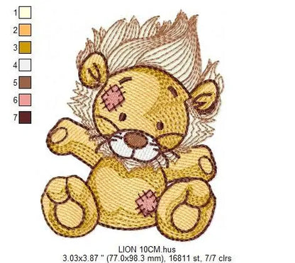 Patched Teddy Lion embroidery designs - Ragged Safari wild animal machine embroidery pattern - Baby boy file - Instant download pes jef dst Marcia Embroidery
