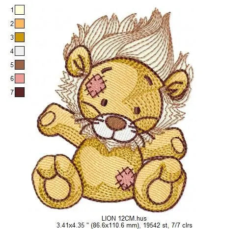 Patched Teddy Lion embroidery designs - Ragged Safari wild animal machine embroidery pattern - Baby boy file - Instant download pes jef dst Marcia Embroidery