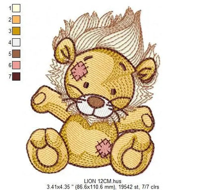 Patched Teddy Lion embroidery designs - Ragged Safari wild animal machine embroidery pattern - Baby boy file - Instant download pes jef dst Marcia Embroidery