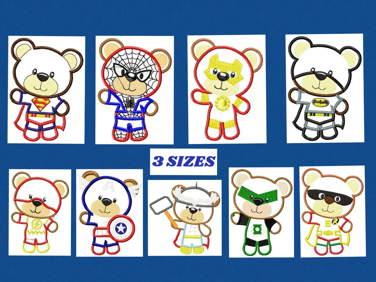 Hero Bear embroidery design machine embroidery pattern - Superman, Captain America, Spiderman, Batman, Green Lantern, Thor,  Flash,  Marvel Marcia Embroidery